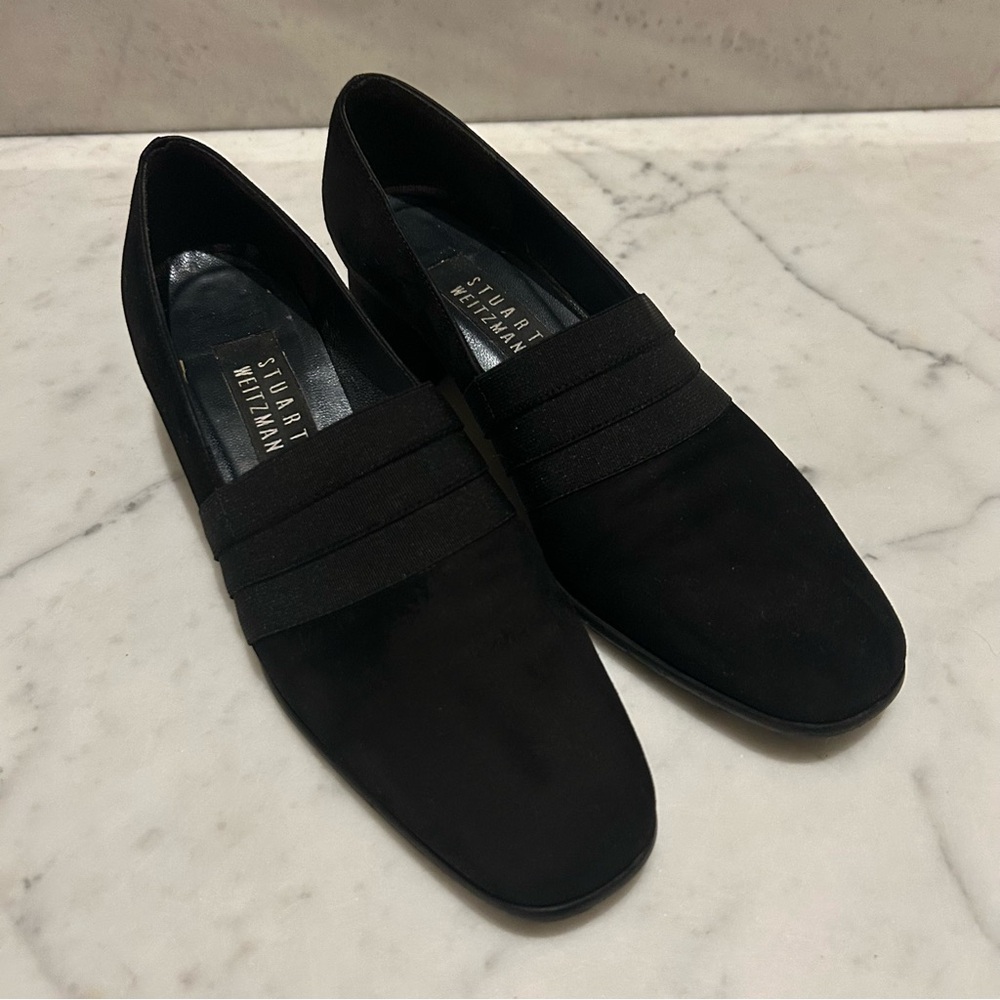 Stuart Weitzman Black Suede Loafers With Short Block Heel‎ Vintage Designer Sz 6